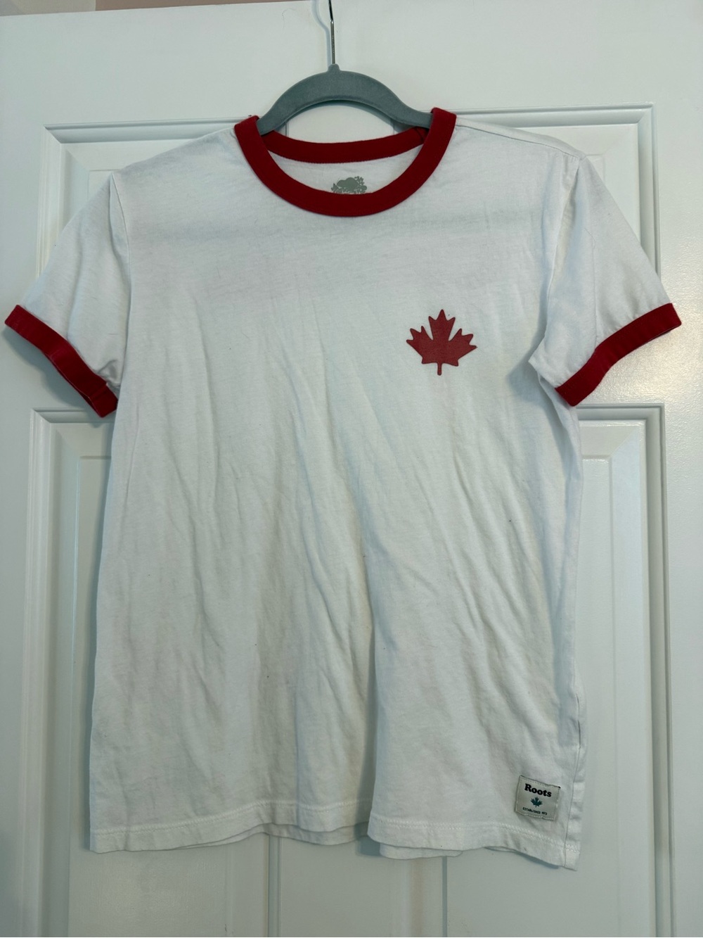 Roots White Tee with Red Trim and Maple Leaf